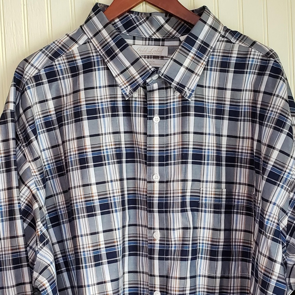 Roundtree & Yorke Gold Label Dress Shirt Mens 4XLT Blue Plaid Non Iron
